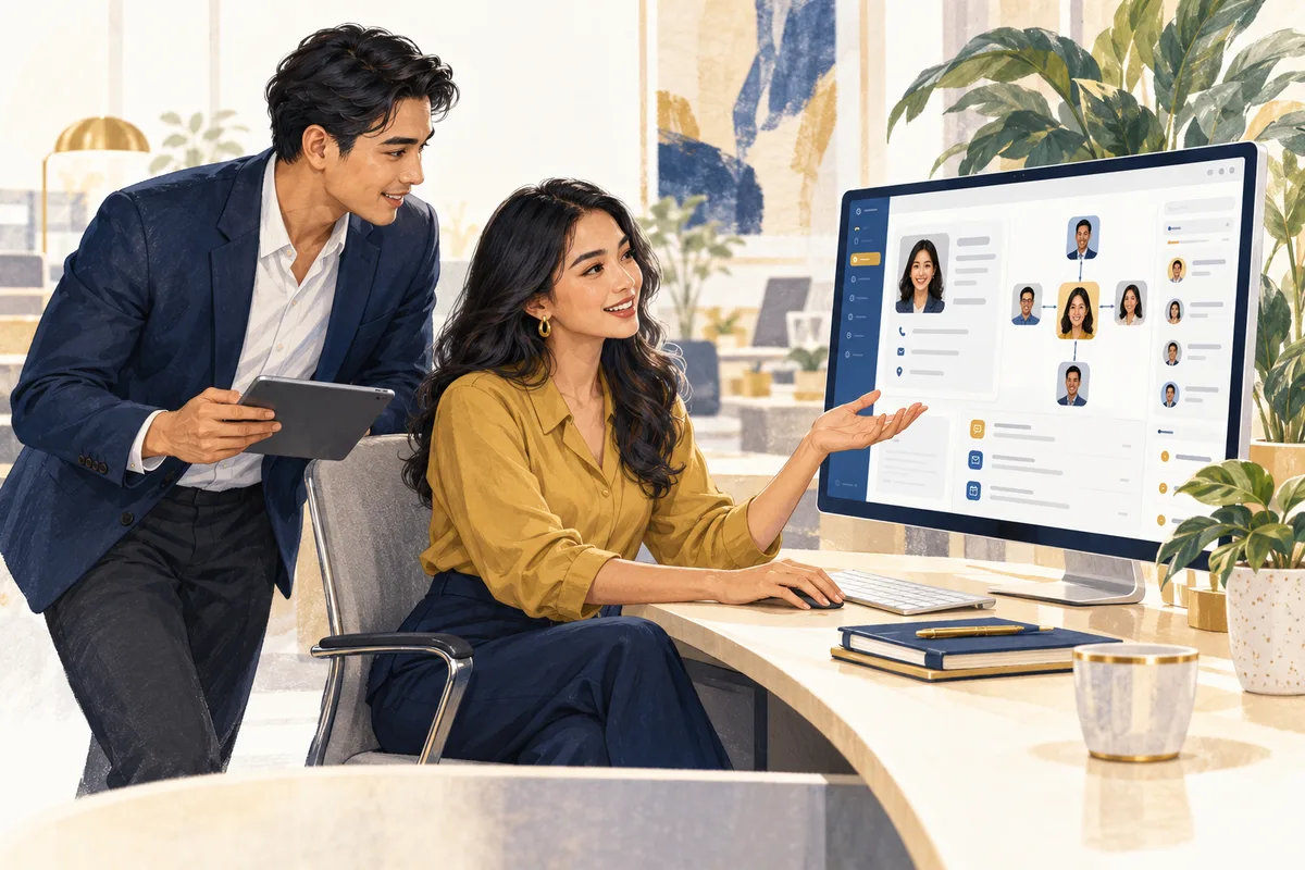 Illustration of two professionals discussing customer relationships at a CRM workspace.
